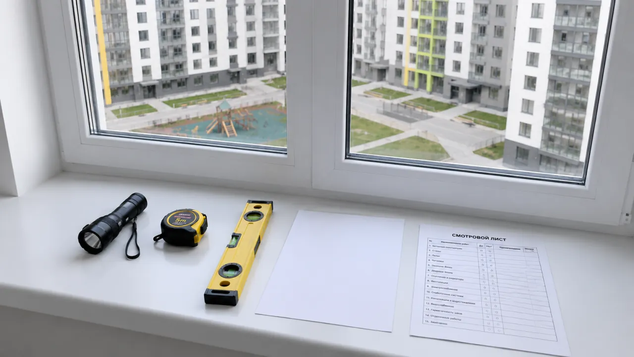Инструменты для приёмки квартиры в новостройке: фонарик, рулетка, строительный уровень и смотровой лист на подоконнике