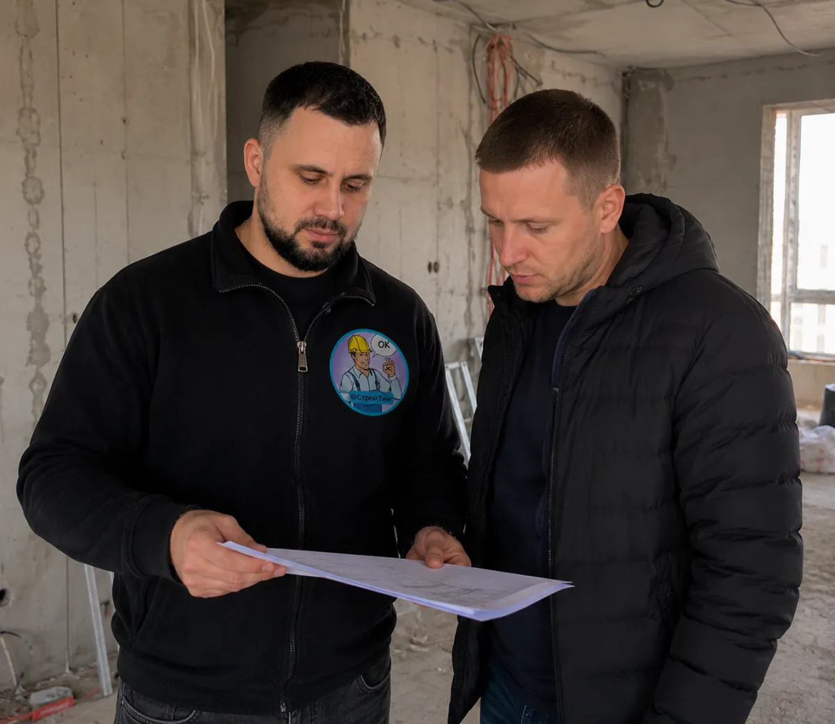 Прораб показывает заказчику смету на объекте в Стерлитамаке